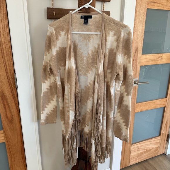 INC International Concept Soft Tan and Cream Fringed Open Cardigan Women’s M GUC - Picture 2 of 11